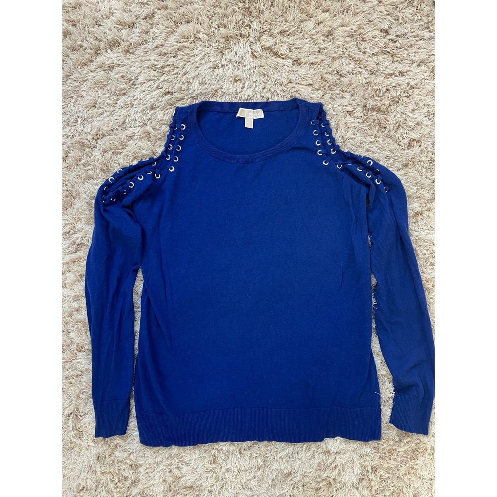 Michael Kors Blue Knit Sweater XL Long Sleeve‎ Lace Up Shoulder Detail